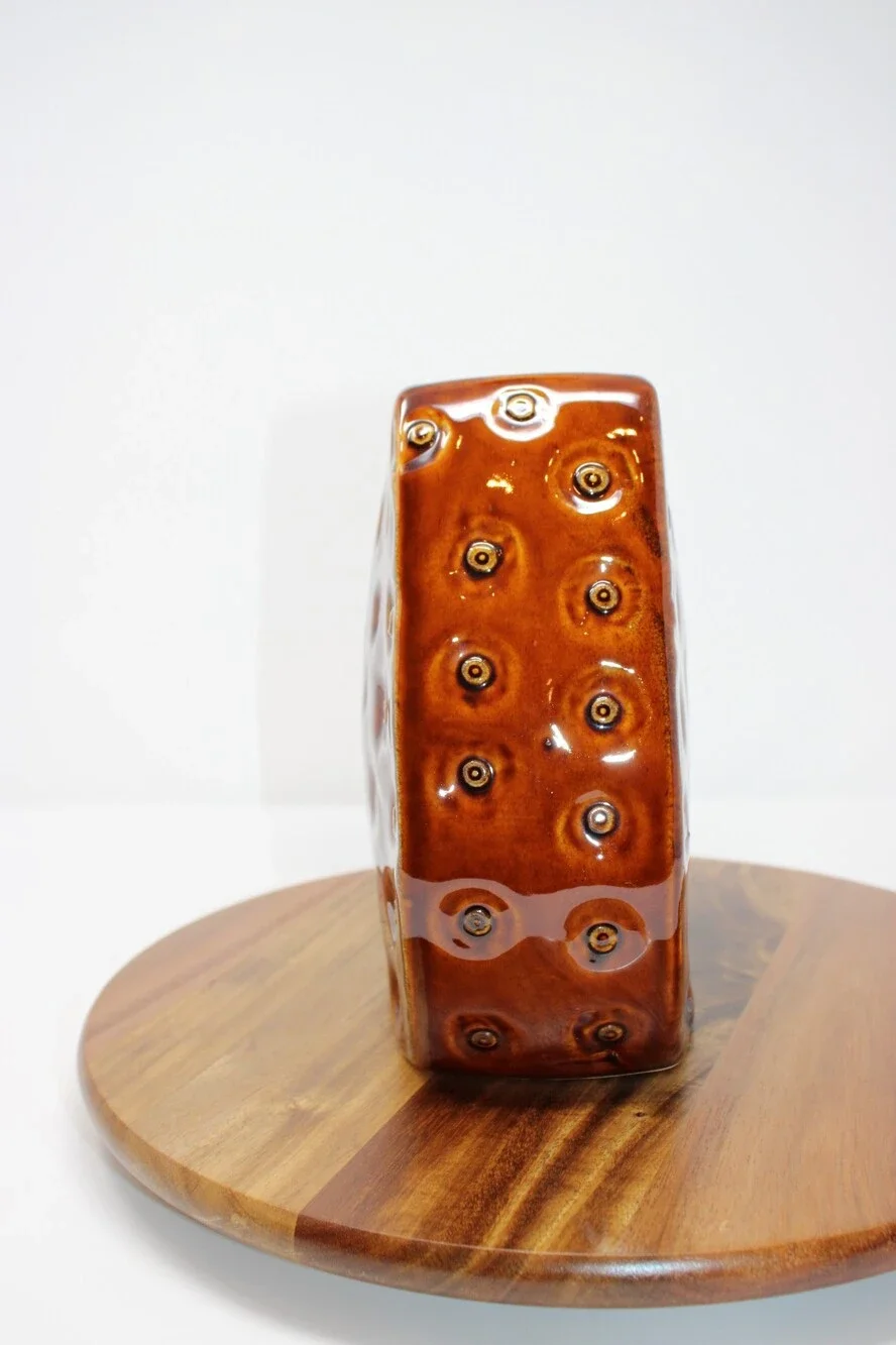 Mid Century Modern Brown Ceramic Circle Vase Dimpled Bullseye Studio Art Pottery